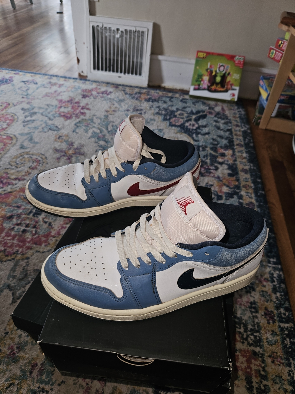 Jordan Low-Top Sneakers in White, Blue & Red Accent